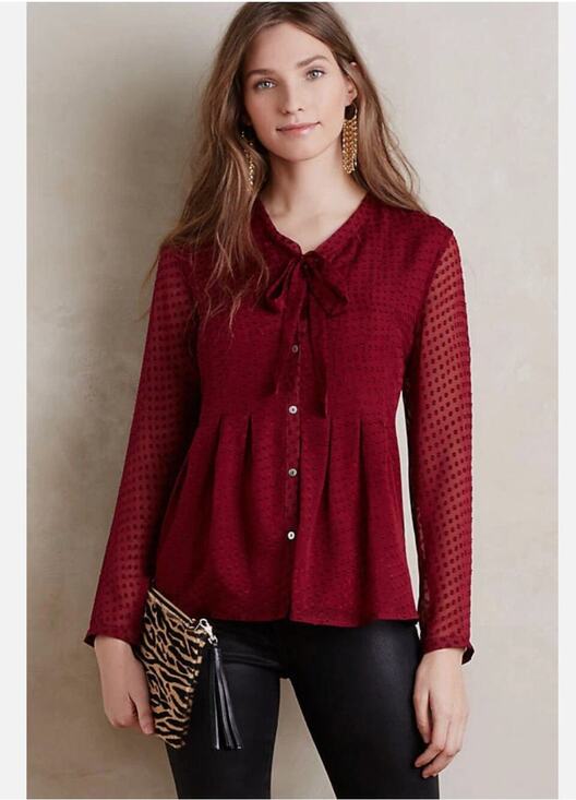 Meadow Rue Tops - Meadow Rue Anthropologie Red Silk Blend Button Up Blouse Neck Tie Clip Dot sz M